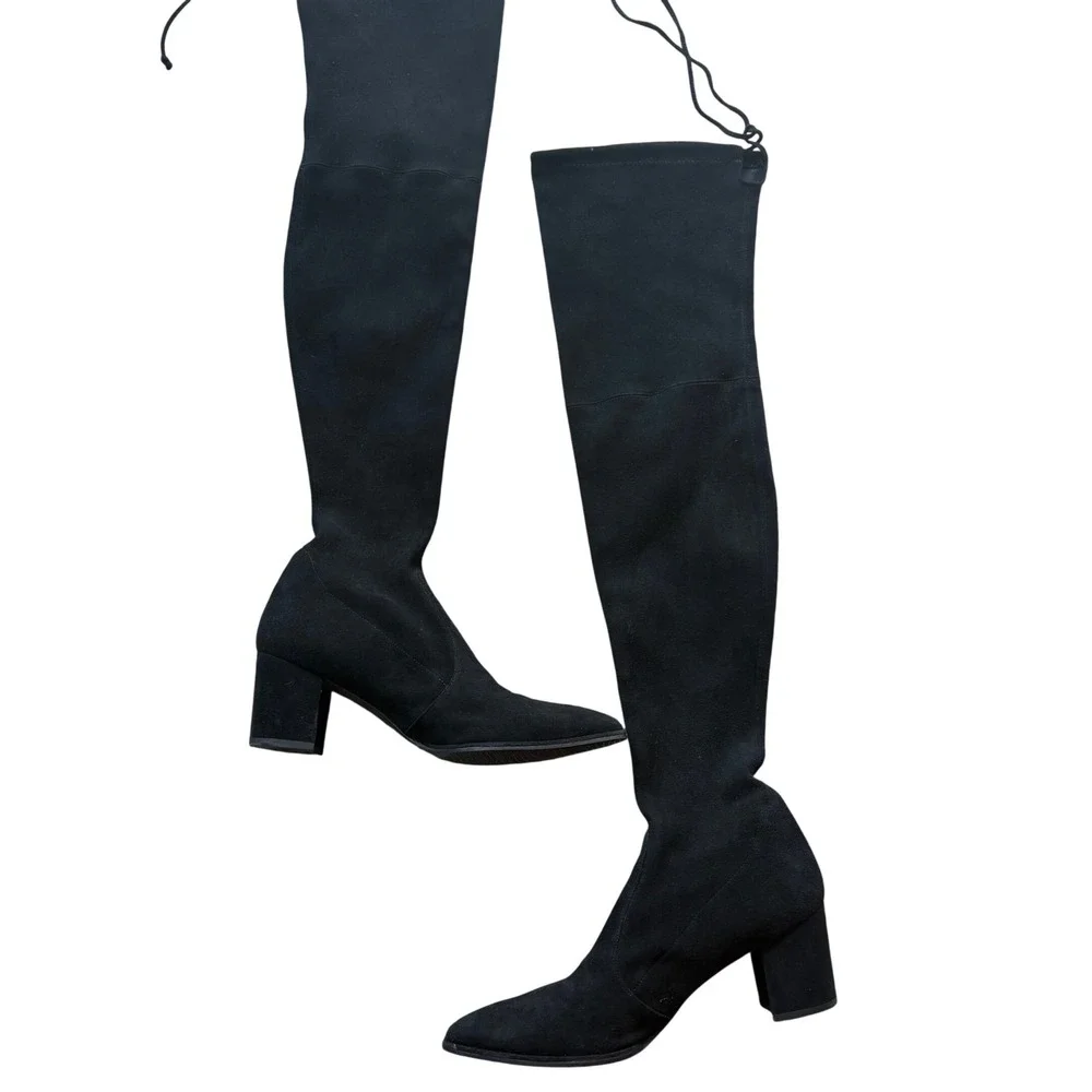 Stuart Weitzman Black Suede Over The Knee Boots Block Heel Tie‎ Back Size 10